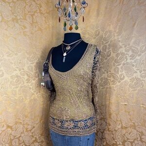 ✨Vintage Y2K Boho Gold Crochet Blouse✨
